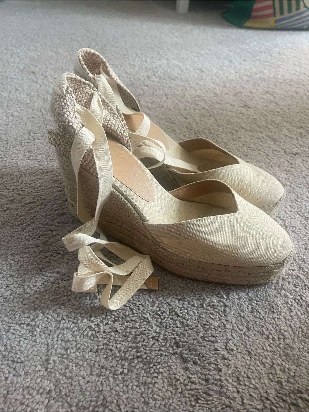 Castaner Cream Canvas Espadrille Wedge Sandals with Ankle Ties